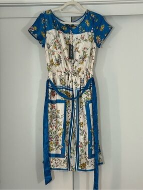 Modcloth Blue and White Floral Midi Dress with waist tie ribbon